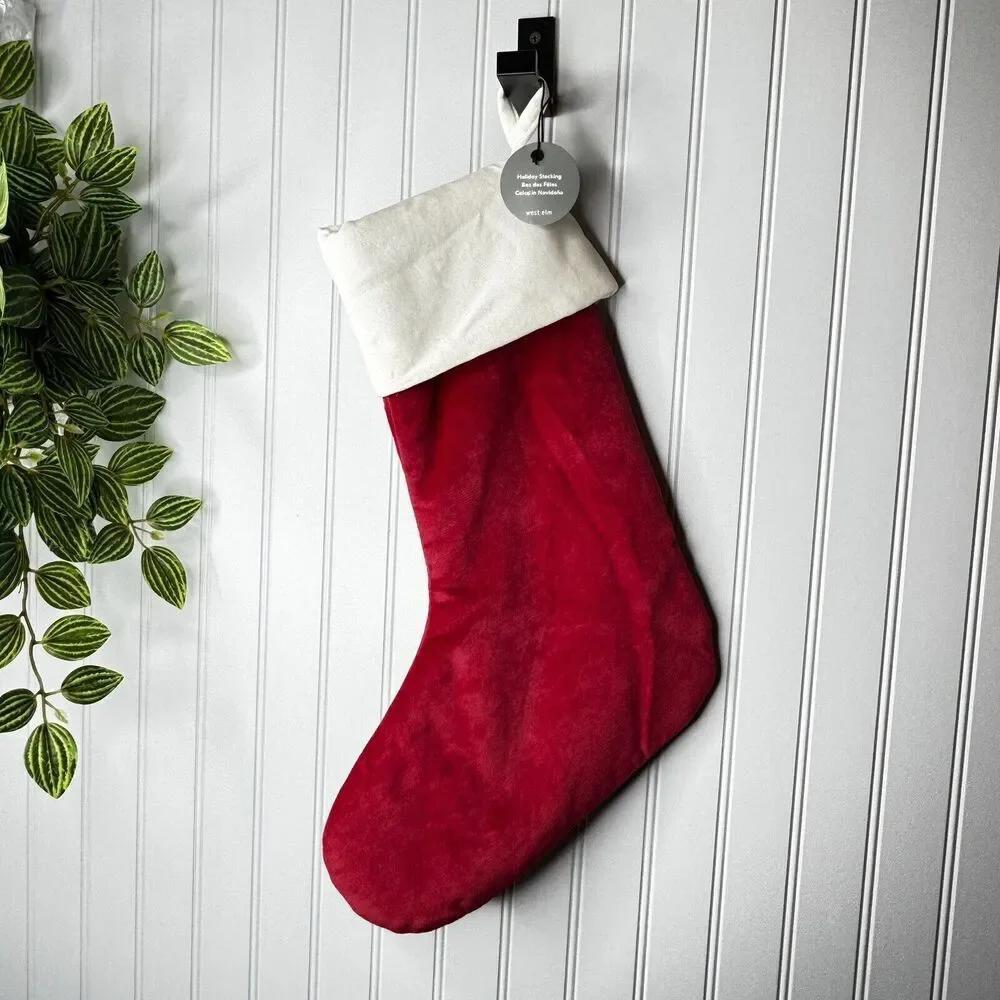 West Elm HADEN Classic Red White Velvet Christmas Stocking Mono NWOT